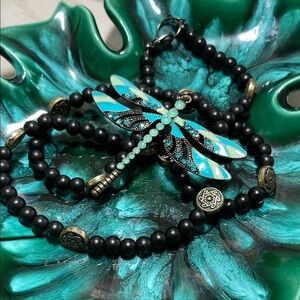 Dragonfly Pendant Necklace with Black & Brassy Celtic Beads